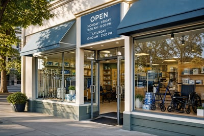 Home Medical Equipment Storefront with Open Hours Sign