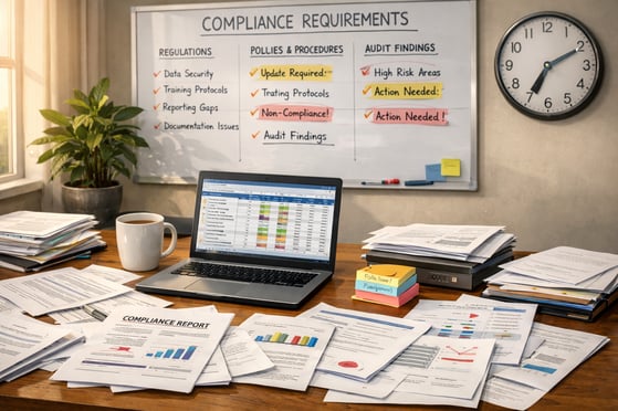 The image depicts an office environment filled with documents and reports scattered across a large wooden desk A laptop is open displaying a spreadshe