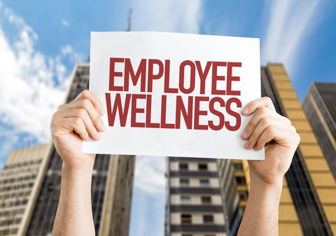 Employee Benefits placard with cityscape background